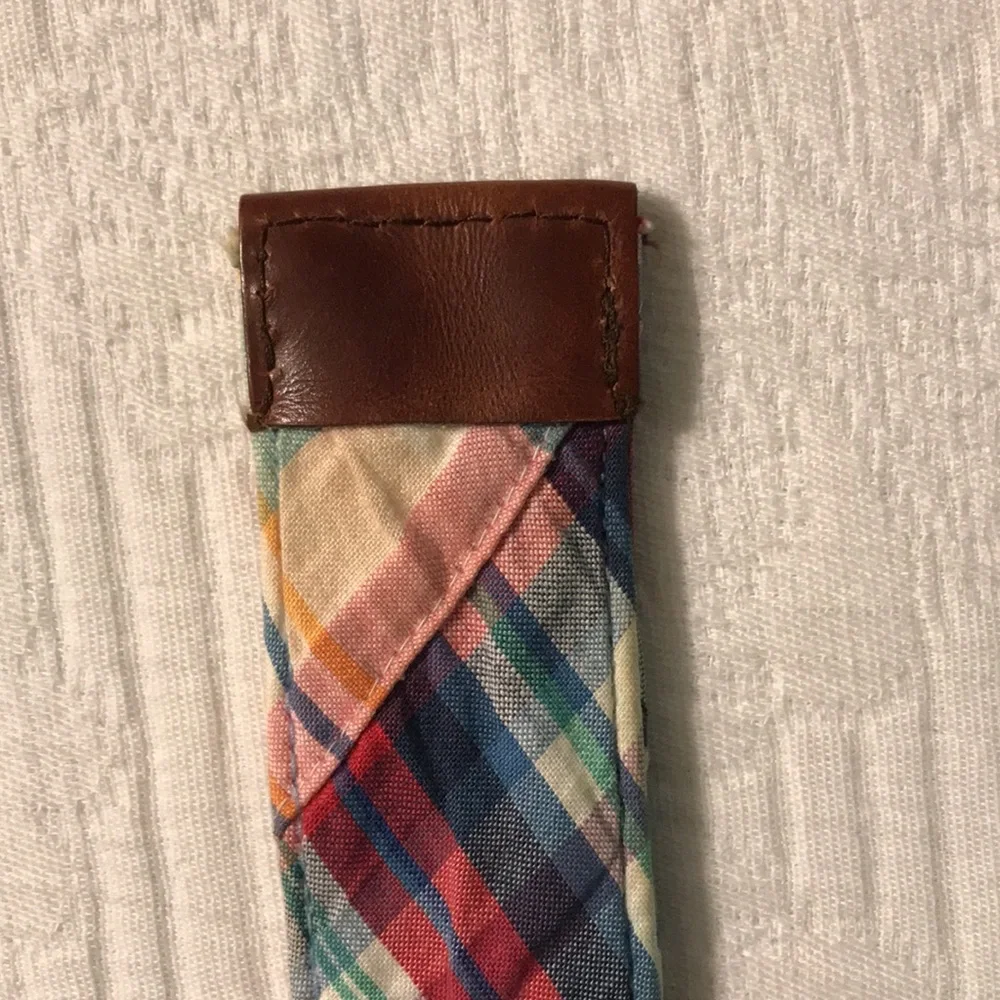 Brooks Brothers Preppy Plaid Fabric Belt with Brown Leather Accents Adjustable
